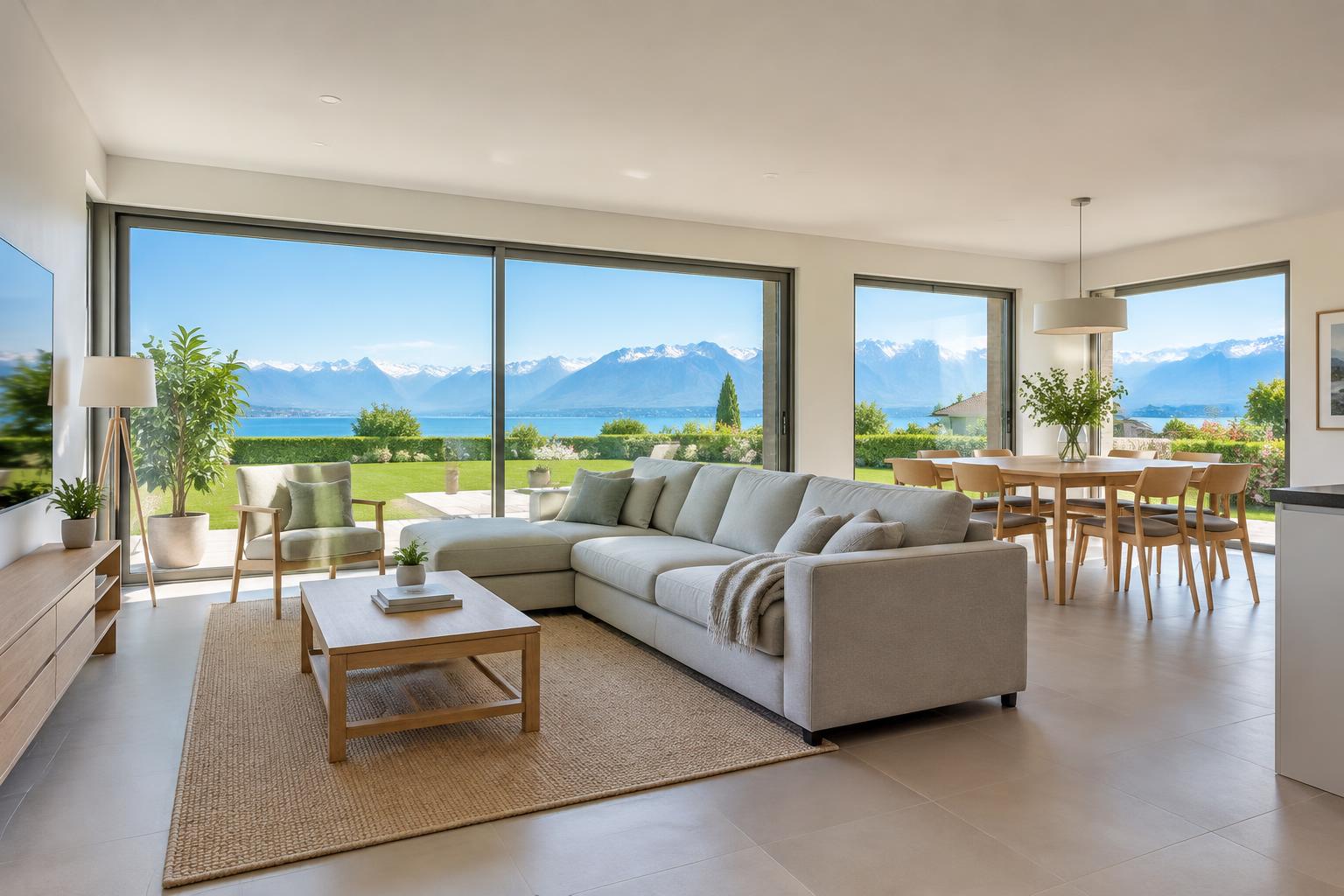 Illustration générée d’un salon lumineux préparé pour la vente, avec jardin et vue sur le lac Léman