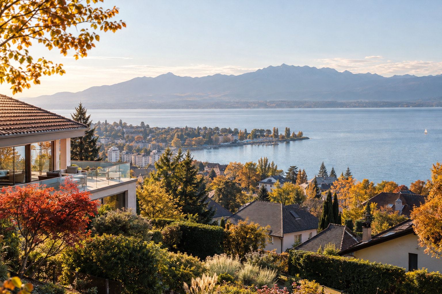 Illustration de logements à Thonon-les-Bains avec le Léman en arrière-plan.