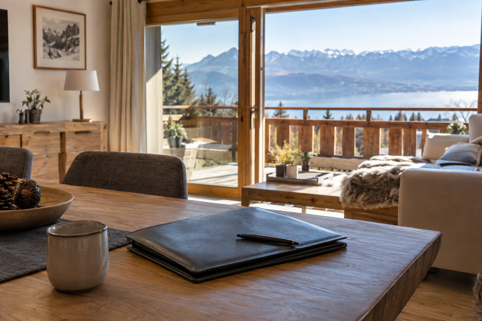 Intérieur lumineux d’une résidence secondaire de montagne préparée pour une mise en vente.